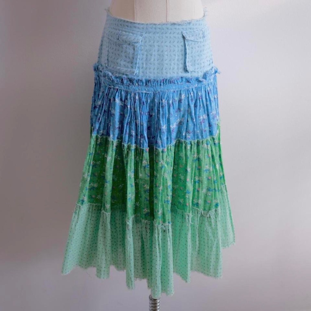 Zucca 2000s digital meadow sky blue & light green distressed gauze ruffle skirt